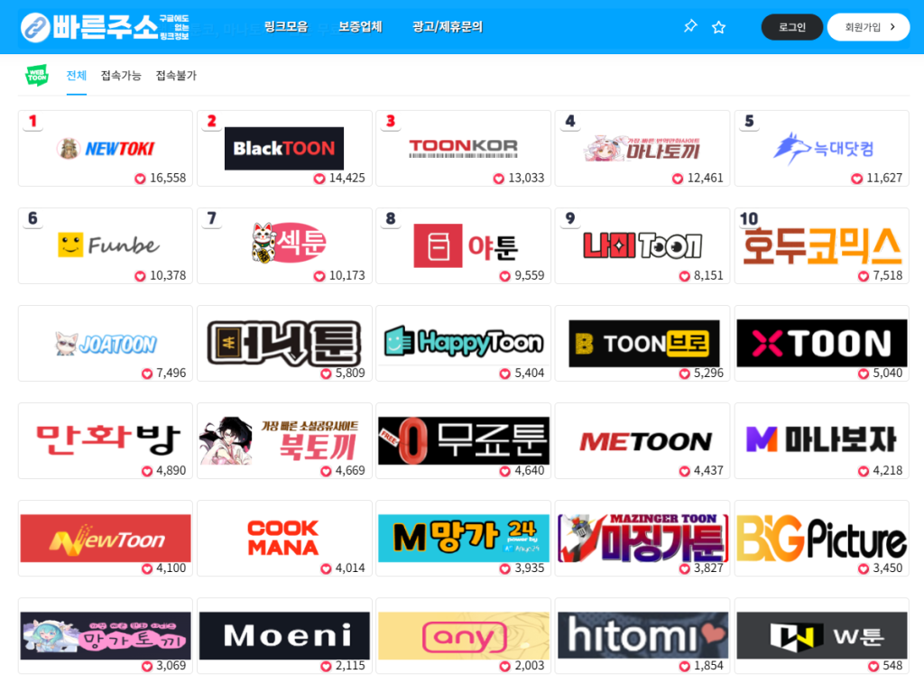 빠른주소의 웹툰 사이트 모음 카테고리.