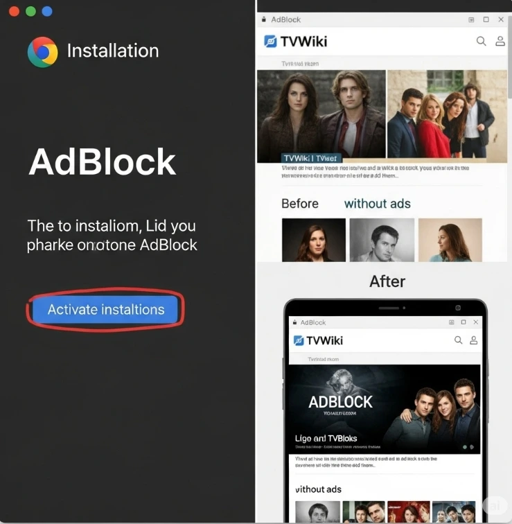 AdBlock 설치 화면 또는 광고가 차단된 티비위키 페이지의 스크린샷
