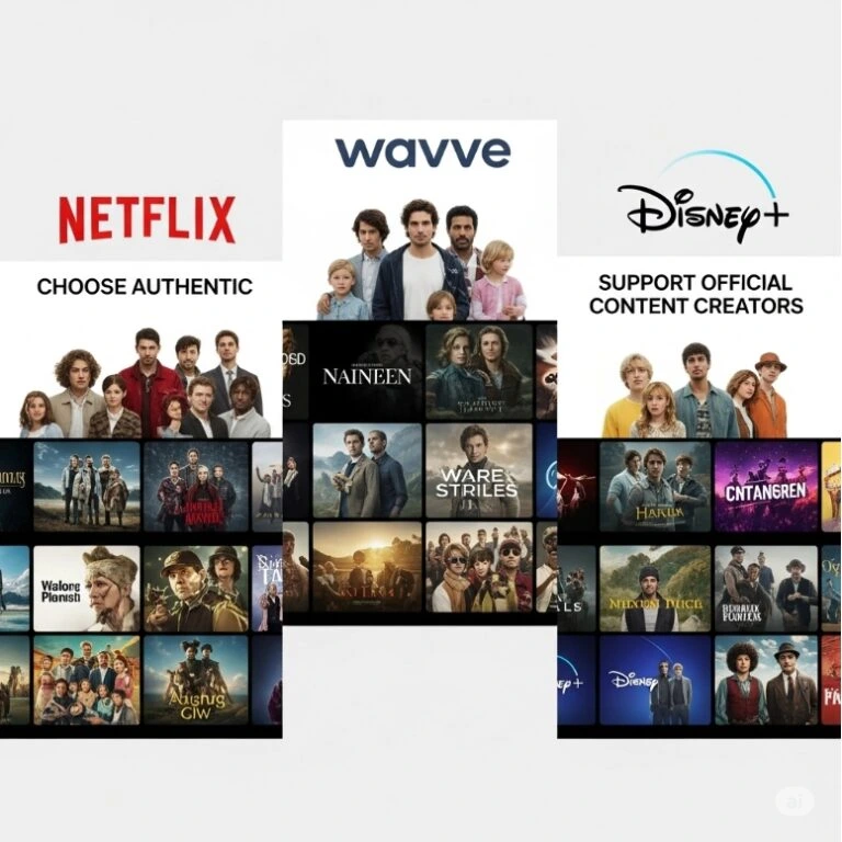 넷플릭스, 웨이브, 디즈니+ 로고와 함께 각 플랫폼의 대표 콘텐츠 썸네일이 포함된 이미지