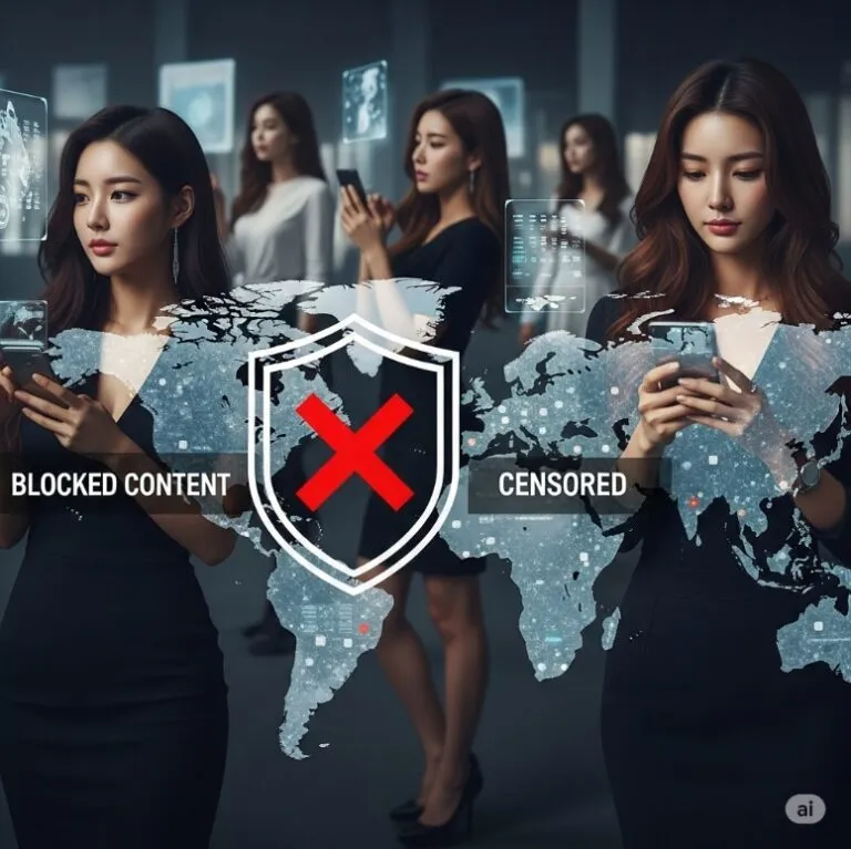 인터넷 검열을 상징하는 방패 아이콘과 해외 서버를 나타내는 글로벌 맵