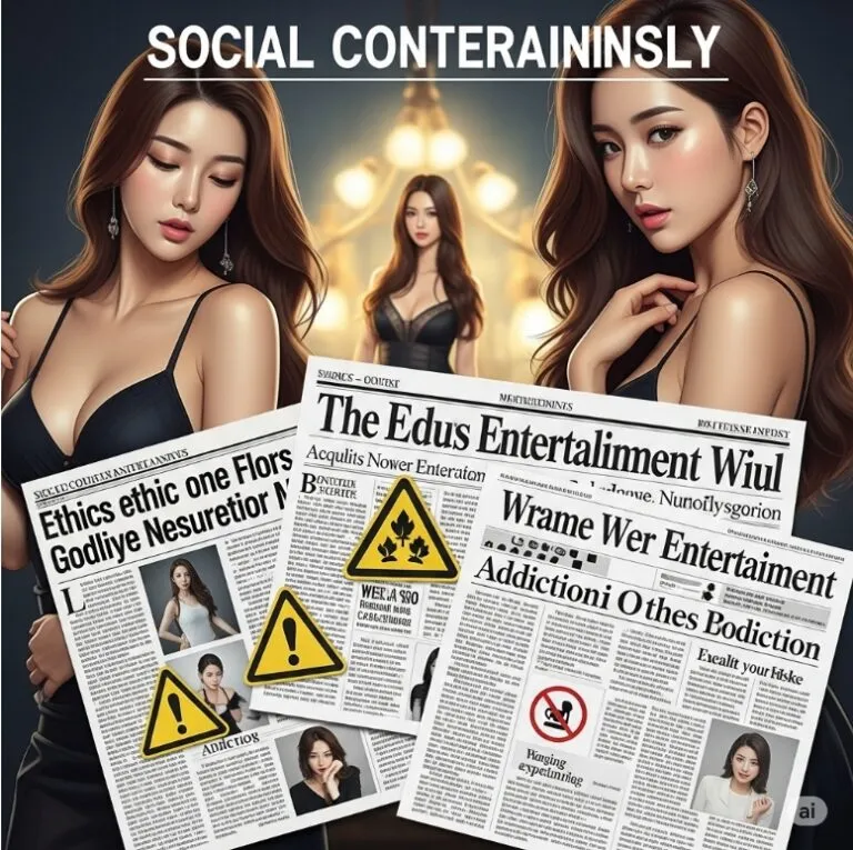 사회적 논란을 상징하는 신문 헤드라인과 경고 아이콘. 야동 관련 이슈의 심각성을 시각화.