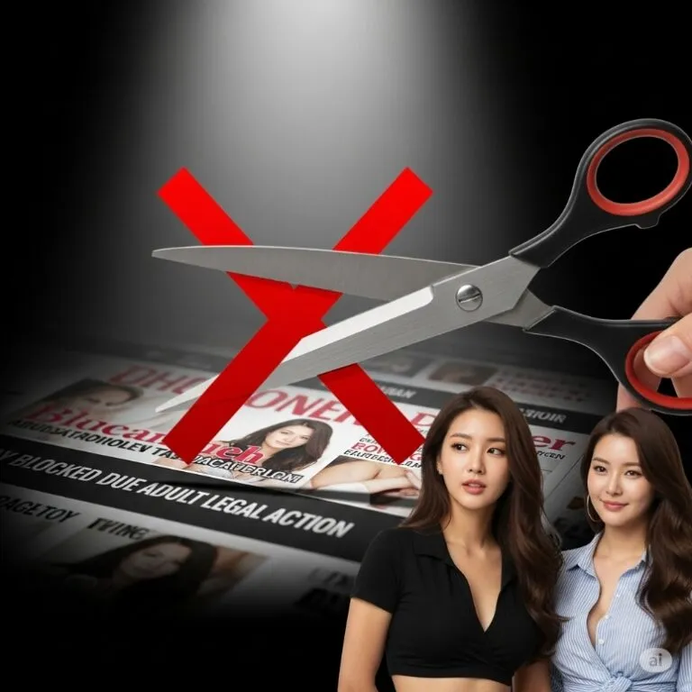 법적 조치를 상징하는 가위와 차단된 야동 웹사이트 이미지