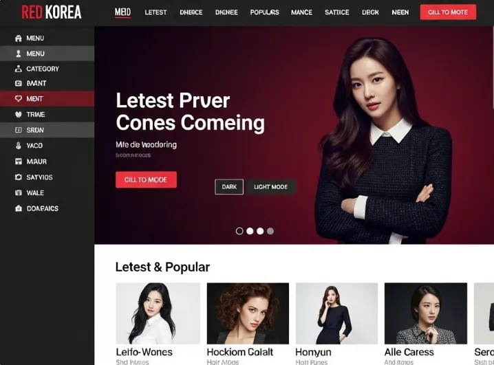 레드코리아의 메인 페이지 스크린샷. 깔끔하고 직관적인 UI, 다양한 카테고리 메뉴, 최신 및 인기 콘텐츠가 강조된 현대적인 레이아웃