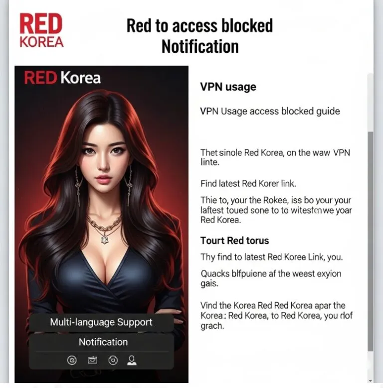 레드코리아의 접속 차단 안내 페이지. VPN 사용 가이드와 최신 레드코리아 링크 확인 방법이 포함된 화면.