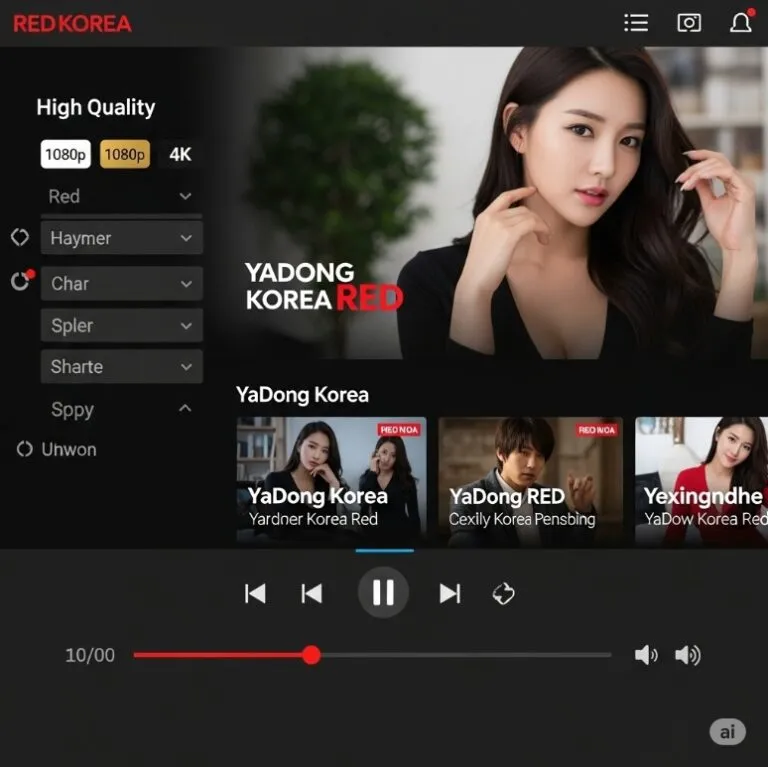 레드코리아의 스트리밍 플레이어 인터페이스. 고화질 옵션 선택 메뉴와 재생 컨트롤이 명확히 표시된 화면