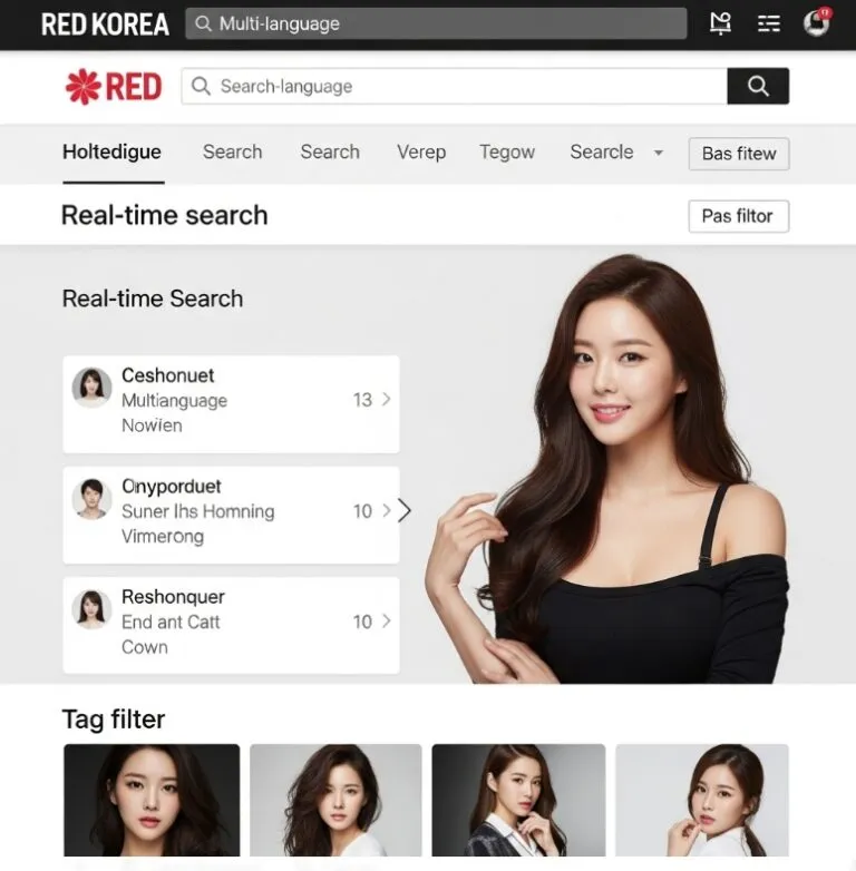 레드코리아의 검색 페이지. 실시간 검색어와 태그 필터가 강조된 화면.