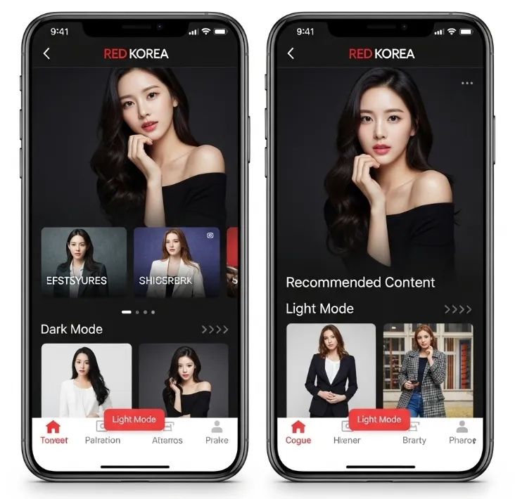 레드코리아 모바일 앱 인터페이스. 모바일 최적화된 간결한 디자인과 추천 콘텐츠 섹션이 강조된 화면.