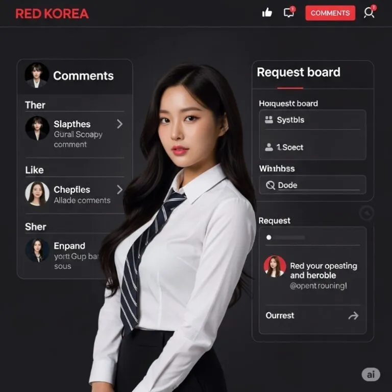 레드코리아 커뮤니티 페이지. 댓글, 좋아요, 신청 게시판 섹션이 강조된 화면.