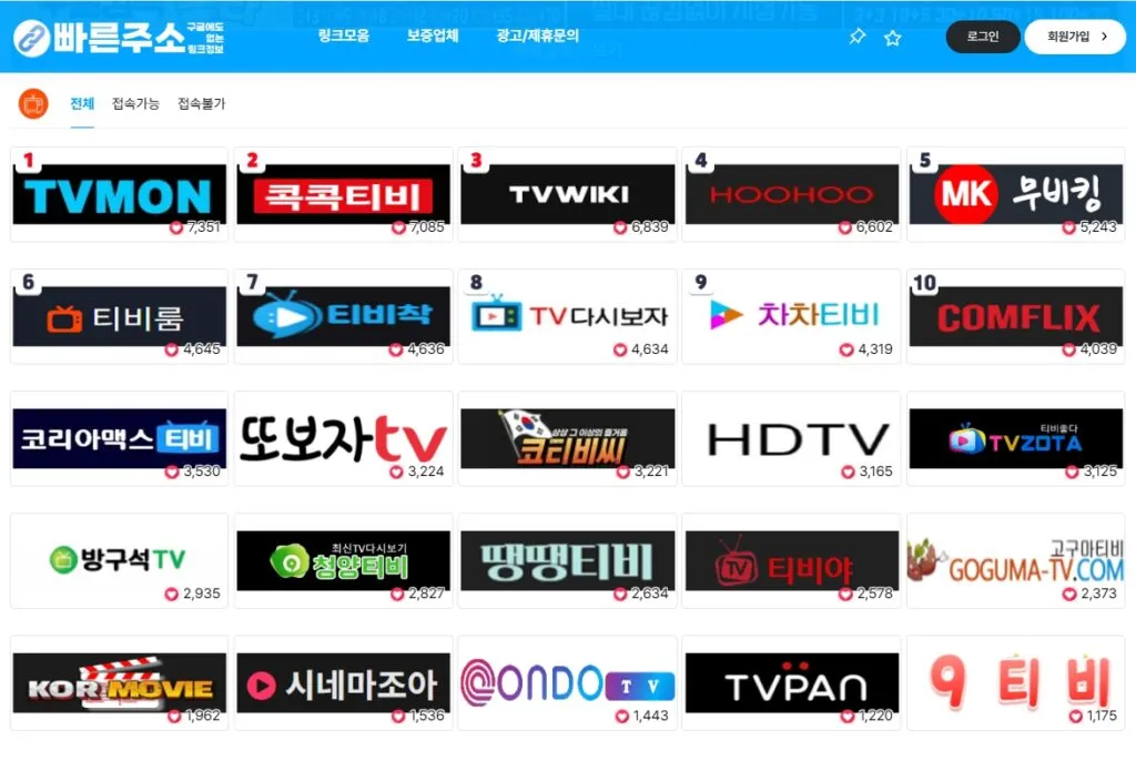 빠른주소 웹사이트 스크린샷. 티비위키 배너가 돋보이는 화려한 인터페이스