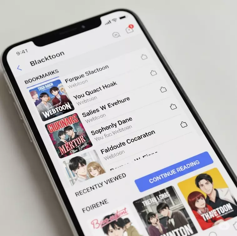 블랙툰의 북마크와 최근 본 웹툰 기능을 보여주는 화면 블랙툰의 북마크와 최근 본 웹툰 기능을 보여주는 화면