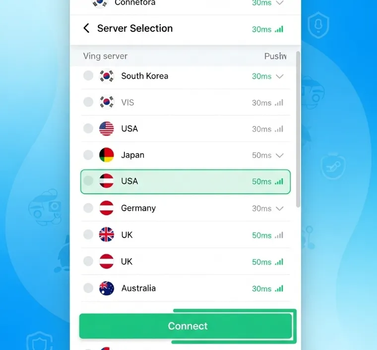 VPN 앱의 서버 선택 화면.