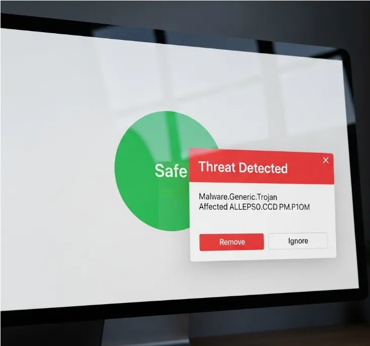 백신 소프트웨어가 악성코드를 탐지하는 화면.