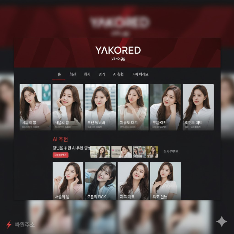 야코레드 메인 페이지 스크린샷. 2025년 yako.gg 도메인 기반의 붉은 테마 레이아웃.