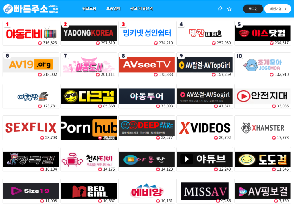 빠른주소 사이트 스크린샷. 링크모음 사이트의 신속성을 전달.