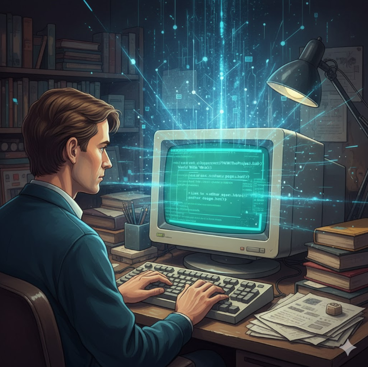 팀 버너스리가 최초의 웹 브라우저를 개발하는 모습을 상상한 일러스트. 팀 버너스리가 최초의 웹 브라우저를 개발하는 모습을 상상한 일러스트.