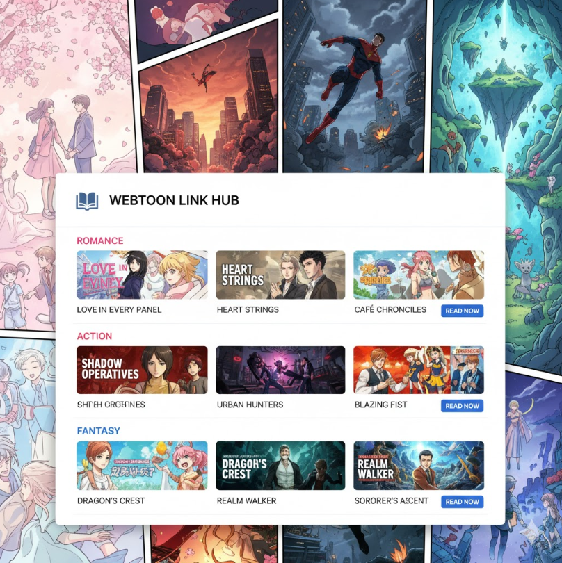 웹툰 링크모음 페이지의 UI를 상상한 이미지. 로맨스, 액션, 판타지 등 장르별로 정리된 썸네일과 링크 버튼이 포함된 컬러풀한 디자인. 웹툰 링크모음 페이지의 UI를 상상한 이미지. 로맨스, 액션, 판타지 등 장르별로 정리된 썸네일과 링크 버튼이 포함된 컬러풀한 디자인.