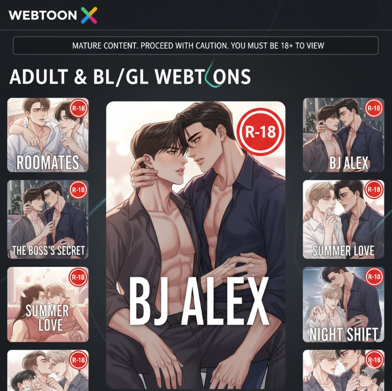 성인 웹툰과 BL/GL 웹툰 카테고리 페이지 이미지.