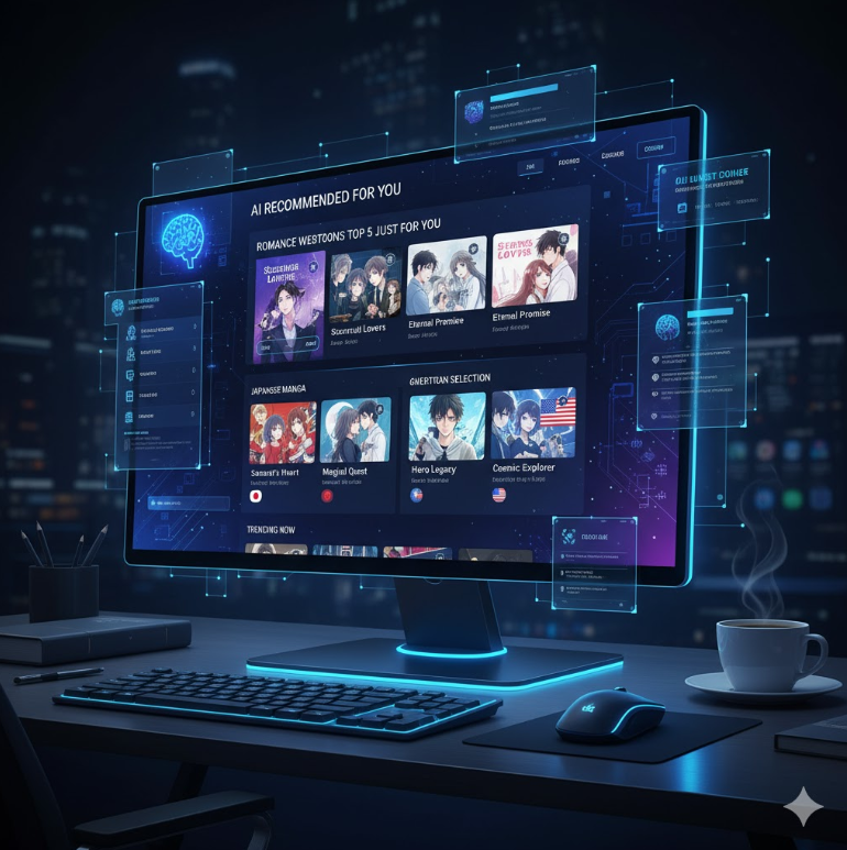 AI 추천 기능을 보여주는 웹툰 링크모음 사이트 이미지.