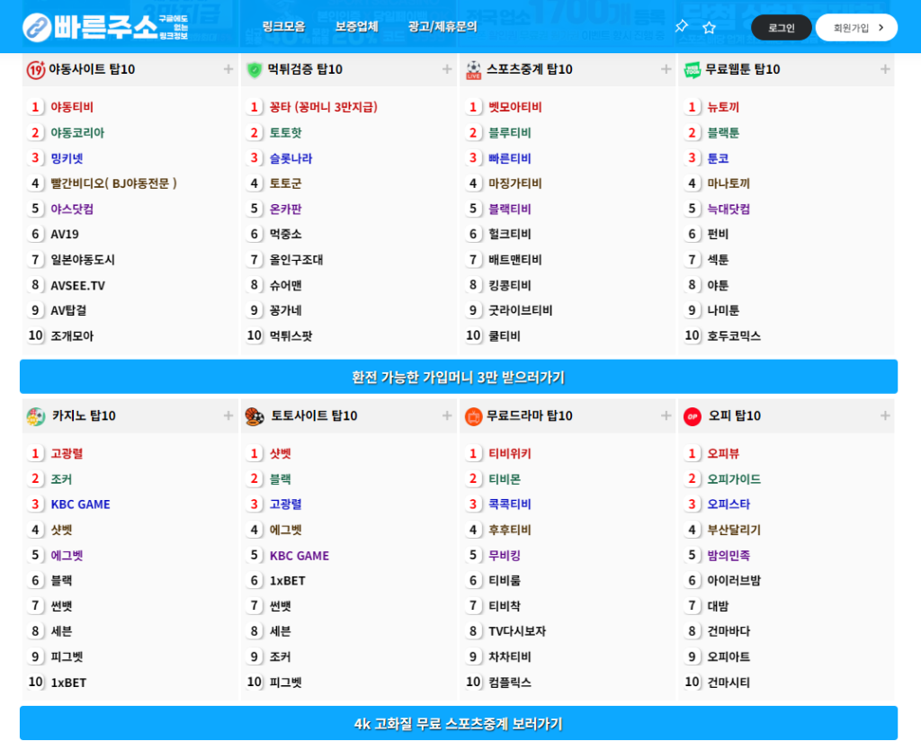 빠른주소 사이트의 데스크톱 화면. 텍스트 기반의 깔끔한 UI와 최소화된 광고가 강조된 스크린샷.