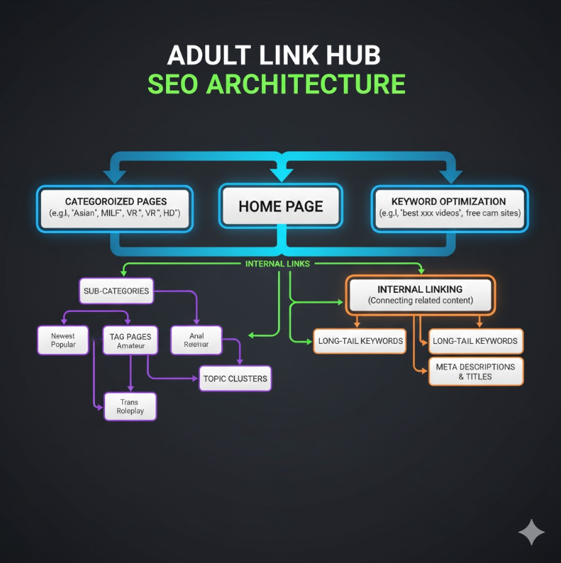 성인 링크모음 사이트의 SEO 구조를 보여주는 다이어그램. 키워드 최적화, 내부 링크, 카테고리화된 페이지 구조가 포함된 인포그래픽.